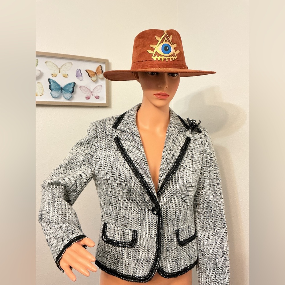 Bergamo Studio Tweed Blazer Jacket Black White Sequin Trim Size 6 - Picture 3 of 13